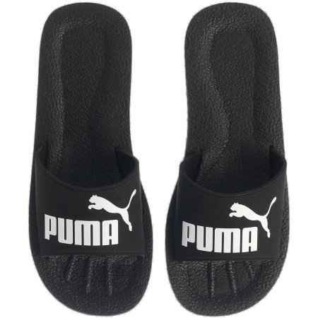 Puma vyriškos juodos šlepetės Purecat Slide 360262-01 su baltu logotipu – sintetinės, įspiriamos, baseinui ir laisvalaikiui.
