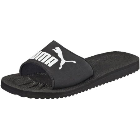 Puma vyriškos juodos šlepetės Purecat Slide 360262-01 su baltu logotipu – sintetinės, įspiriamos, baseinui ir laisvalaikiui.