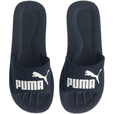 Puma vyriškos šlepetės Purecat Slide 360262-02 – mėlynos, lengvos, su baltu logotipu, tinkamos baseinui ir paplūdimiui.