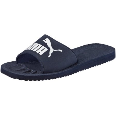 Puma vyriškos šlepetės Purecat Slide 360262-02 – mėlynos, lengvos, su baltu logotipu, tinkamos baseinui ir paplūdimiui.