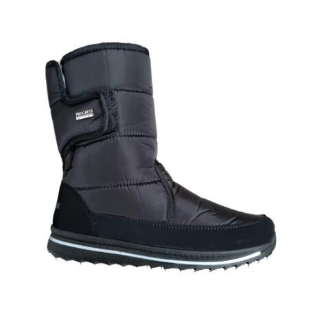 Progress PR3102 moteriški sniego batai – juodi, šilti, su dirbtiniu kailiuku ir Velcro užsegimu.