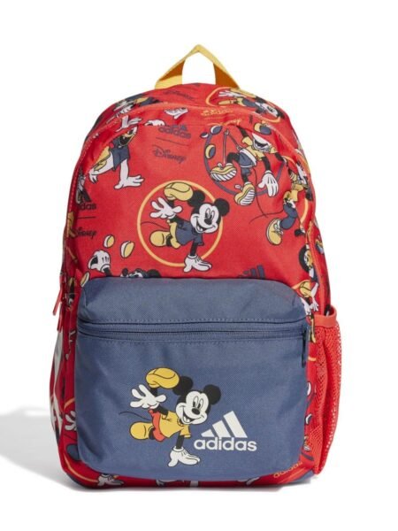 Adidas vaikiška kuprinė Disney Mickey Mouse Backpack IW1120 raudonos ir pilkos spalvos su animaciniu dizainu priekyje.