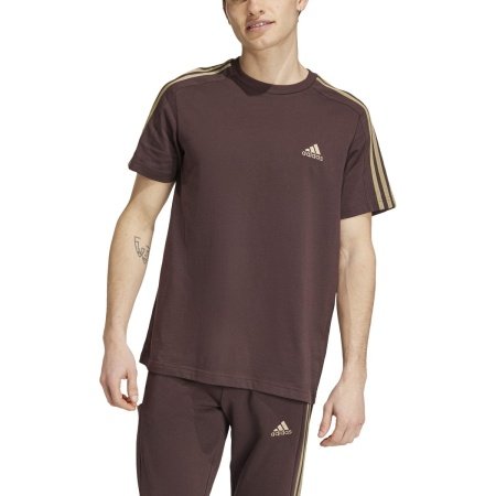 Adidas vyriški rudi marškinėliai IX0158 su smėlio spalvos 3 juostelėmis ant rankovių, laisvo kirpimo, 100 % medvilnė.