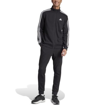 Adidas vyriškas sportinis kostiumas Basic 3-Stripes Fleece Tracksuit IJ6067 juodas su baltomis juostelėmis šiltas ir patogus kasdienai bei treniruotėms