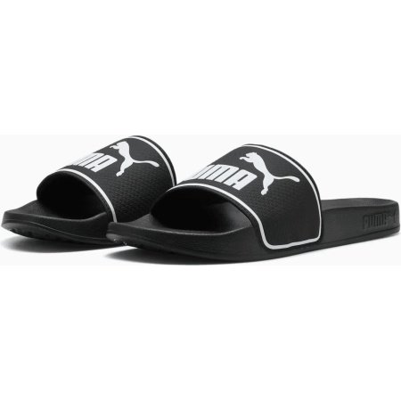 PUMA Leadcat 2.0 Slide 384139-01 – juodos unisex šlepetės su baltu PUMA logotipu, tinkamos vyrams ir moterims.