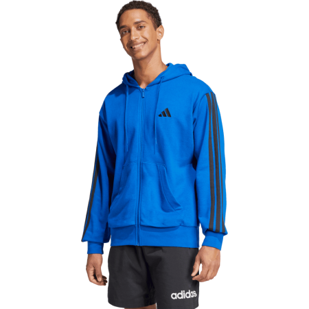 Adidas vyriškas mėlynas džemperis su gobtuvu, užtrauktuku ir juodomis 3 juostelėmis – modelis JF3684.