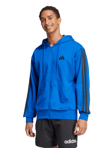Adidas vyriškas mėlynas džemperis su gobtuvu, užtrauktuku ir juodomis 3 juostelėmis – modelis JF3684.