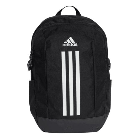 Juoda Adidas Power VII IP9774 kuprinė su trimis baltomis juostelėmis priekyje ir keliomis kišenėmis.