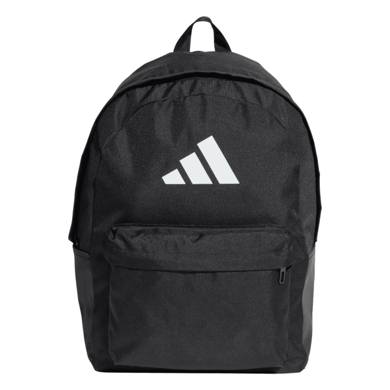 Adidas Classic Bars Backpack JI6953 – juoda unisex kuprinė su baltu logotipu, tinkama kasdieniam naudojimui ir laisvalaikiui.