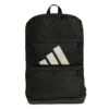 Juoda Adidas Motion BackPack IS7038 kuprinė su dviem pagrindiniais skyriais, šoninėmis ir priekinėmis kišenėmis bei pilku logotipu.