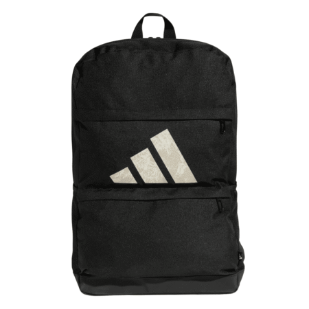 Juoda Adidas Motion BackPack IS7038 kuprinė su dviem pagrindiniais skyriais, šoninėmis ir priekinėmis kišenėmis bei pilku logotipu.