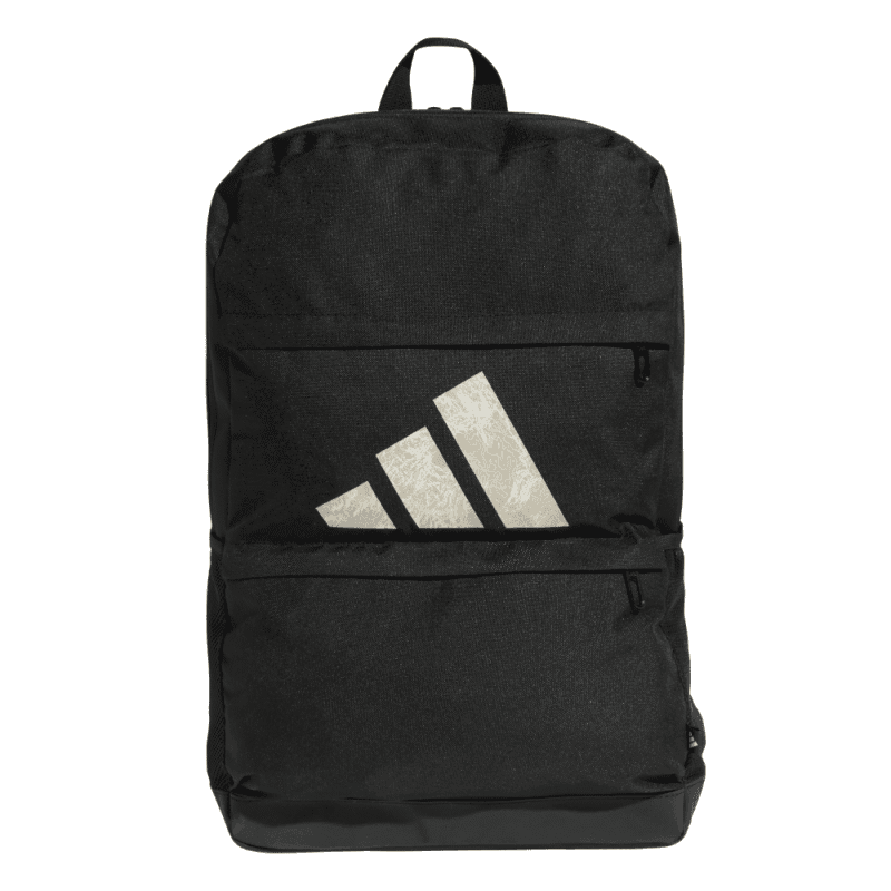 Juoda Adidas Motion BackPack IS7038 kuprinė su dviem pagrindiniais skyriais, šoninėmis ir priekinėmis kišenėmis bei pilku logotipu.