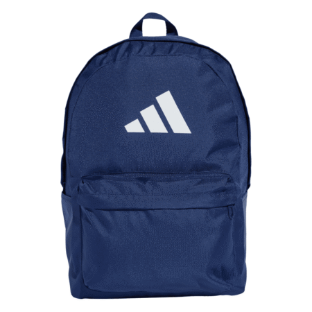 Adidas Classic Bars Backpack IS7049 mėlyna kuprinė su baltu logotipu ir šoninėmis kišenėmis.