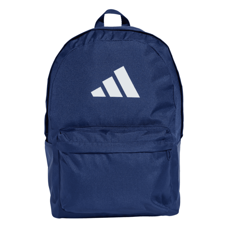 Adidas Classic Bars Backpack IS7049 mėlyna kuprinė su baltu logotipu ir šoninėmis kišenėmis.