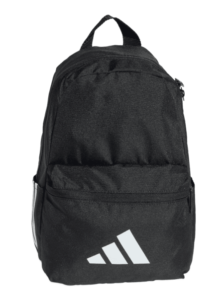 Adidas vaikiška juoda kuprinė JD1303 su baltu logotipu ir trimis šoninėmis juostelėmis.