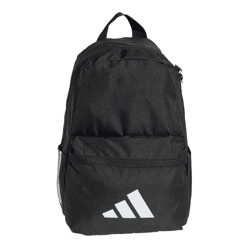 Adidas vaikiška juoda kuprinė JD1303 su baltu logotipu ir trimis šoninėmis juostelėmis.