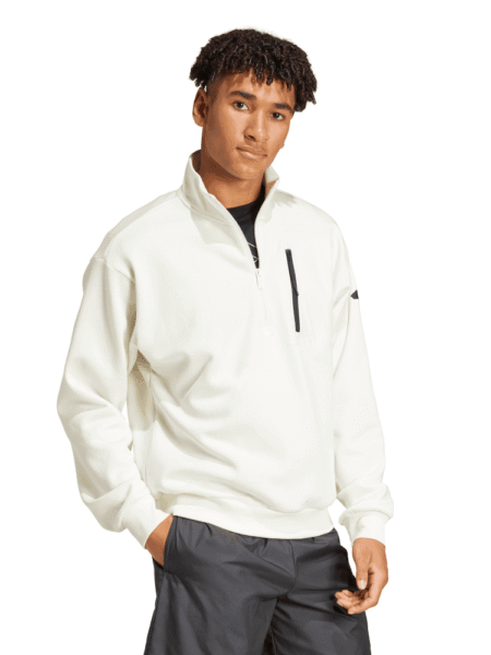 Baltas vyriškas Adidas džemperis su nepilnu užtrauktuku, be gobtuvo, iš flisinio audinio – modelis JF3288.