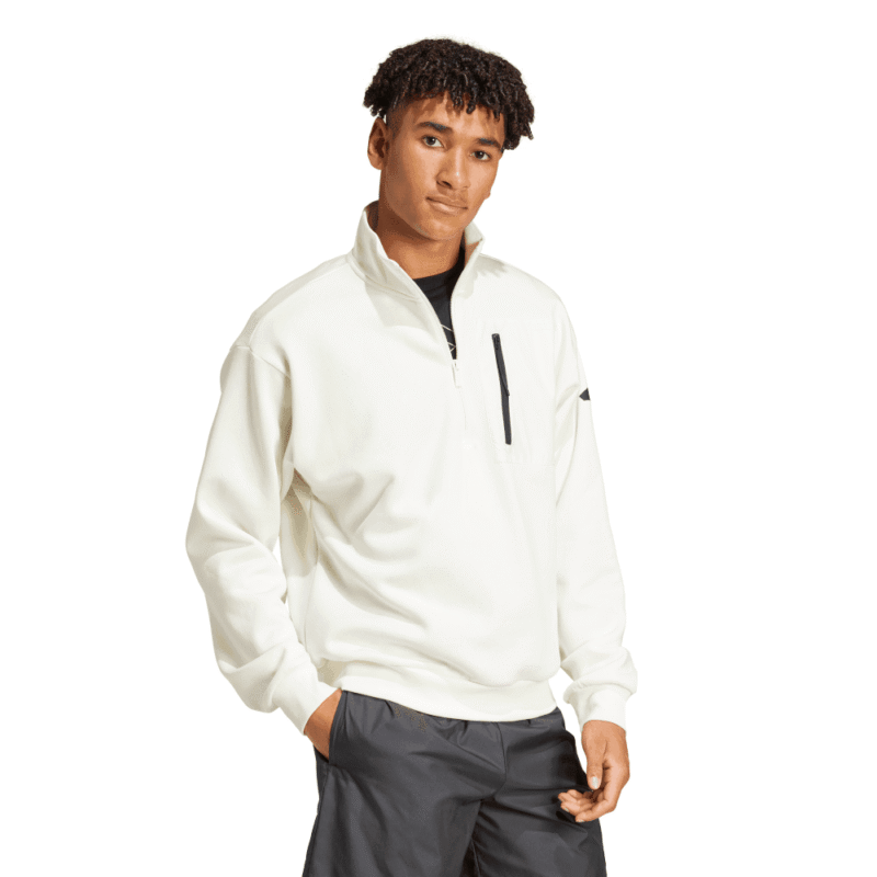 Baltas vyriškas Adidas džemperis su nepilnu užtrauktuku, be gobtuvo, iš flisinio audinio – modelis JF3288.