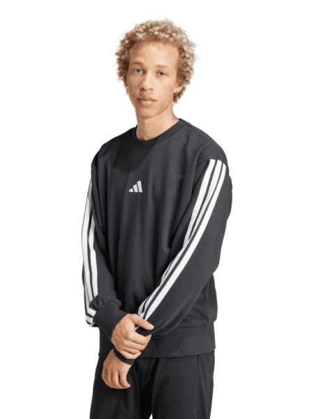 Adidas vyriškas juodas džemperis JE6372 su trimis baltomis juostelėmis ant rankovių, laisvo kirpimo, pagamintas iš French Terry audinio.