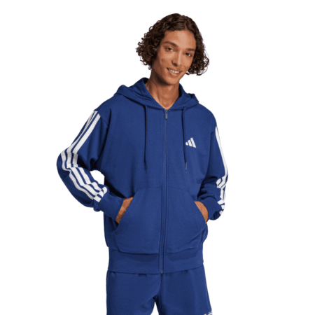 Adidas vyriškas džemperis su gobtuvu Essentials 3-Stripes French Terry Hoodie JE6341 mėlynas su baltomis juostelėmis