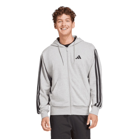 Adidas Essentials 3-Stripes French Terry Full-Zip Hoodie JE6338 – vyriškas pilkas džemperis su gobtuvu ir juodomis juostelėmis