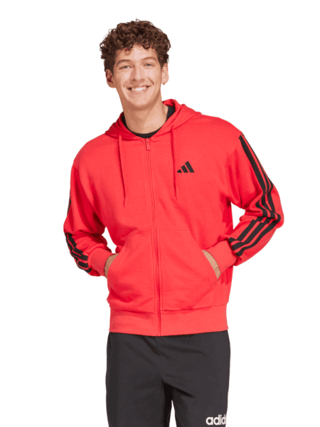 Adidas raudonas vyriškas džemperis su gobtuvu JD1876 – trys juodos juostelės, užtrauktukas, sportinis stilius.