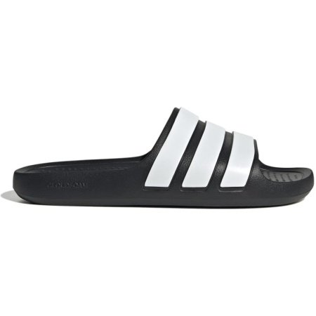 Adidas Adilette Flow Slide IF4134 juodos unisex šlepetės su baltomis juostelėmis – skirtos baseinui ir paplūdimiui.