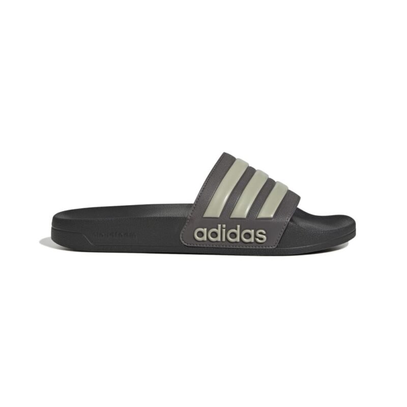 Adidas Adilette Shower JI4761 – unisex pilkos šlepetės baseinui su smėlio spalvos juostomis