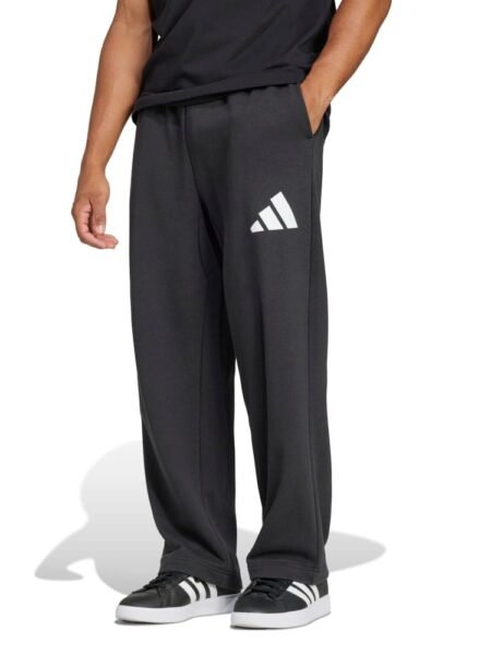 Adidas vyriškos juodos plačios treninginės kelnės JF3604 su baltu logotipu – be manžetų, „French Terry“ audinys.