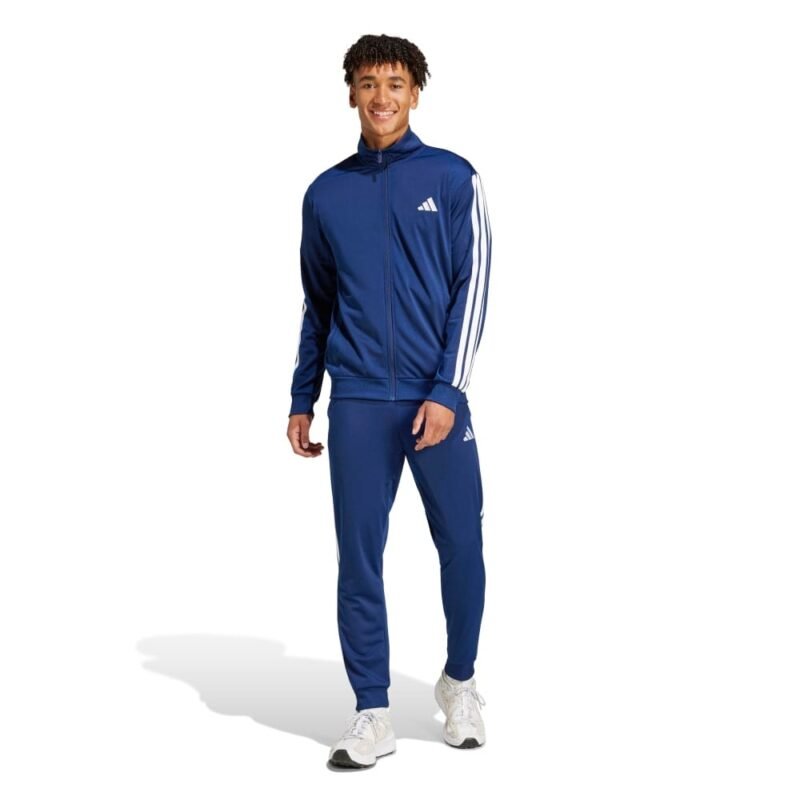 Adidas mėlynas vyriškas sportinis kostiumas su baltomis 3 juostelėmis JI8859.