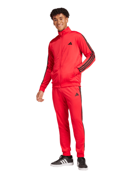 Adidas raudonas vyriškas sportinis kostiumas su juodomis juostelėmis – iš perdirbto trikotažo, klasikinio kirpimo, su šoninėmis kišenėmis. JI8852