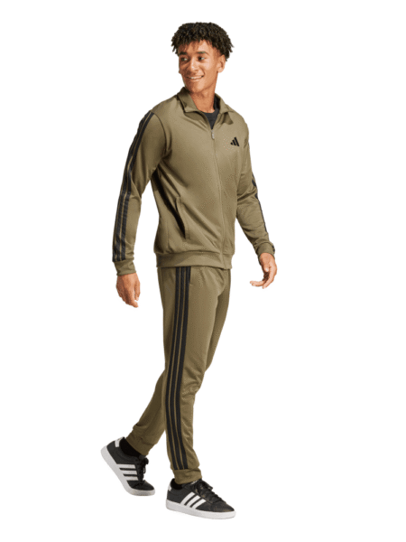 Adidas vyriškas žalias sportinis kostiumas Sportswear Basic 3-Stripes Tricot JI8854 su juodomis juostelėmis – klasikinis dizainas iš perdirbto poliesterio.