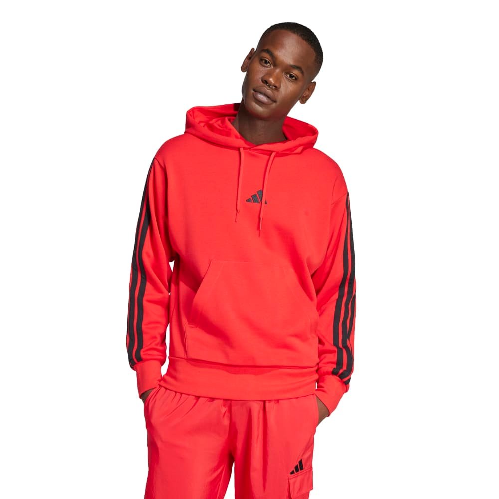 Adidas džemperis su gobtuvu vyrams Essentials 3 Stripes French Terry Hoodie JD1873 raudonas sportinis džemperis su juodomis juostelėmis