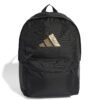 Adidas Classic Bars Backpack IS7048 juoda unisex kuprinė su auksiniu logotipu ir šoninėmis kišenėmis.
