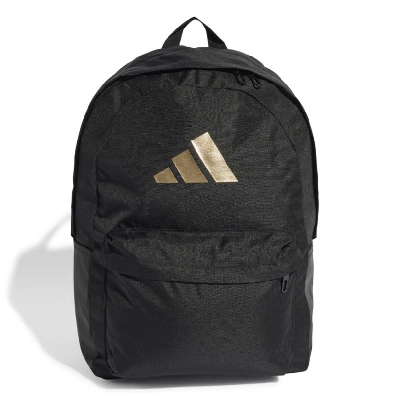 Adidas Classic Bars Backpack IS7048 juoda unisex kuprinė su auksiniu logotipu ir šoninėmis kišenėmis.