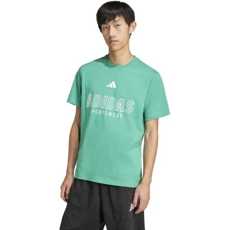 Žali Adidas vyriški marškinėliai Essentials Big Logo JM0395 su baltu logotipu priekyje.