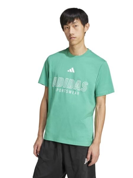 Žali Adidas vyriški marškinėliai Essentials Big Logo JM0395 su baltu logotipu priekyje.