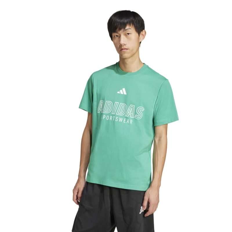 Žali Adidas vyriški marškinėliai Essentials Big Logo JM0395 su baltu logotipu priekyje.
