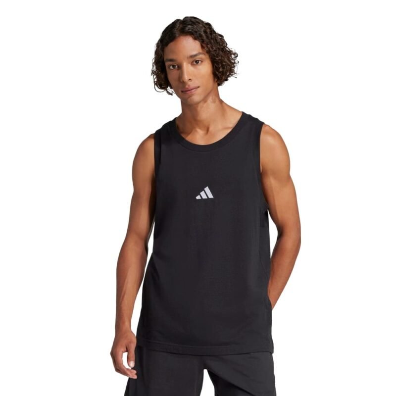 Adidas JE8986 vyriški juodi be rankovių marškinėliai – medvilniniai, skirti sportui ir kasdienai.