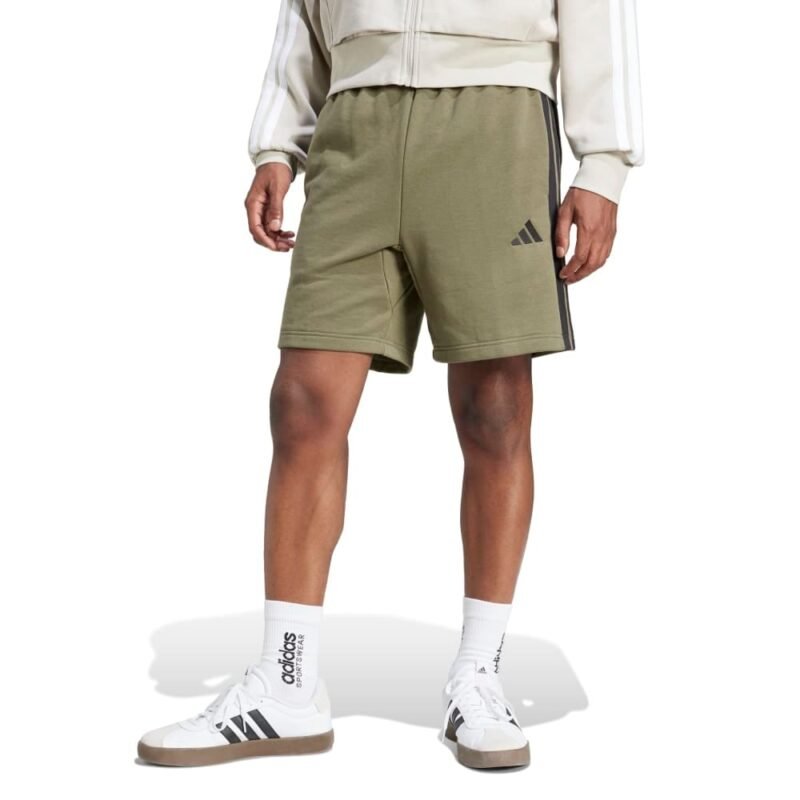 Vyriški Adidas žali šortai su juodomis 3 juostelėmis šonuose, modelis JE6416.