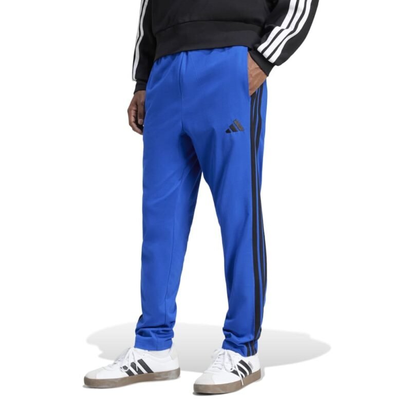 Adidas vyriškos plonos sportinės kelnės Essentials 3 Tiras Single Jersey Pants JE6432 mėlynos lengvos kelnės su ikoniškomis trimis juodomis juostelėmis šonuose