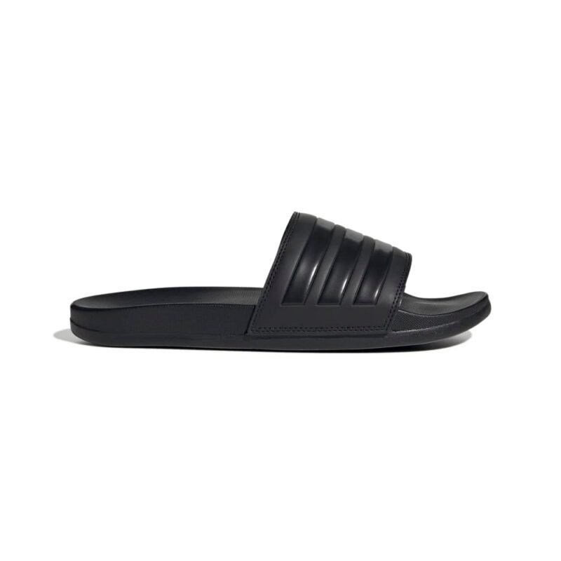 Adidas Adilette Comfort Slide GZ5896 juodos vyriškos šlepetės su juodomis juostelėmis ir minkštu neopreno viršumi.