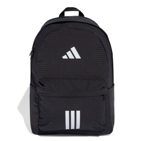 Adidas kuprinė Classic Bars JX6497 – juoda unisex kuprinė su baltu logotipu ir 3 juostelėmis.