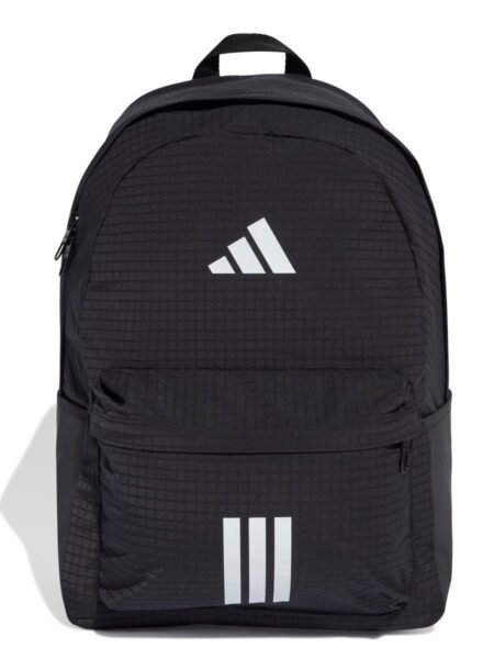Adidas kuprinė Classic Bars JX6497 – juoda unisex kuprinė su baltu logotipu ir 3 juostelėmis.