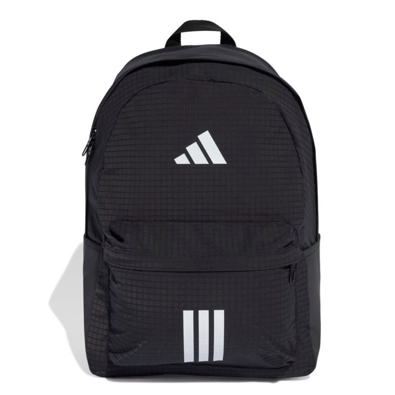 Adidas kuprinė Classic Bars JX6497 – juoda unisex kuprinė su baltu logotipu ir 3 juostelėmis.