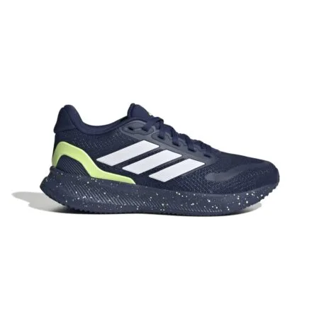 Tamsiai mėlyni vaikiški Adidas Runfalcon 5 K kedai su baltomis juostelėmis ir ryškiai geltonais (neoninis) akcentais, modelis JQ9781.