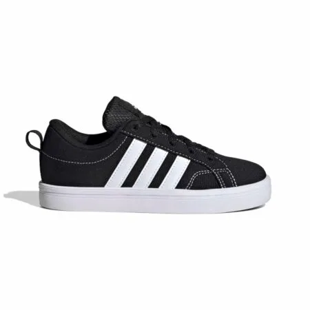 Juodi vaikiški tekstiliniai Adidas VS Pace 2.0 K kedai su trimis baltomis juostelėmis ir baltu padu, modelis JR5598.
