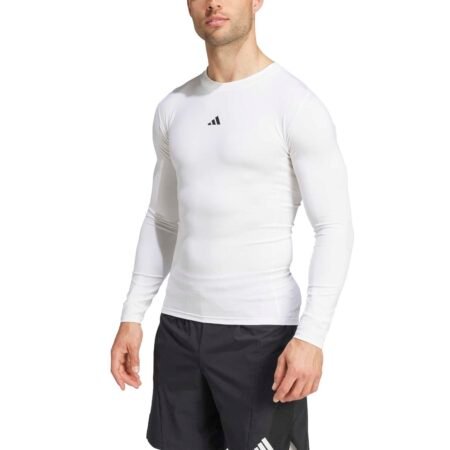 Adidas vyriški kompresiniai marškinėliai ilgomis rankovėmis TECHFIT Compression Training Long Sleeve Tee JE6703 – balti sportiniai marškinėliai vyrams.