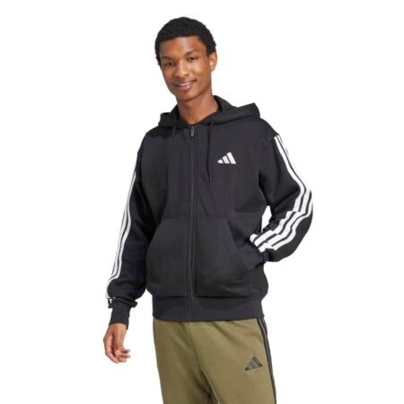 Adidas vyriškas džemperis Essentials 3-Stripes JD1870 – juodas Fleece džemperis su gobtuvu ir trimis baltomis juostelėmis ant rankovių.