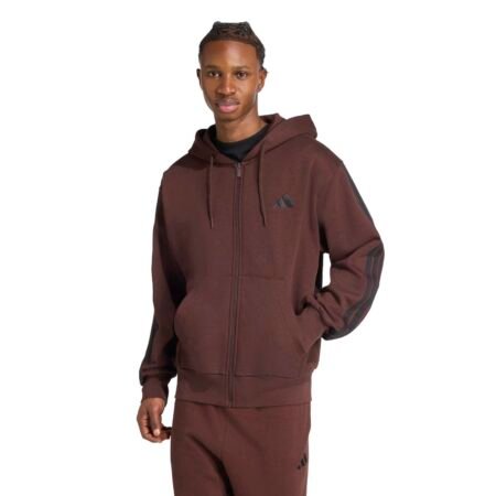 Adidas Essentials 3-Stripes Fleece Full-Zip Hoodie JX0697 – vyriškas rudas džemperis su gobtuvu ir trimis juostelėmis